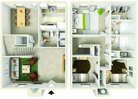 Floor plan for 3 beds, 2.5 baths, 1300 sqft